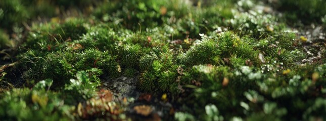 Close up of vibrant green moss growing densely natural organic texture background