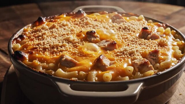 Savory baked macaroni and cheese dish with crispy breadcrumb topping and cooked chicken pieces, steaming hot