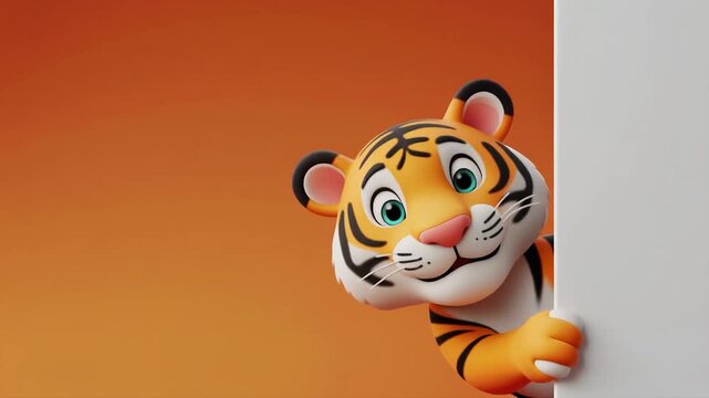 3D tiger character peeking on right side of blank board, stripe fur detail, clean minimal background, copy space.