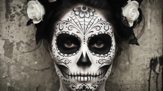 A woman with skull face paint, adorned with white roses and veil, in a sepia-toned image
