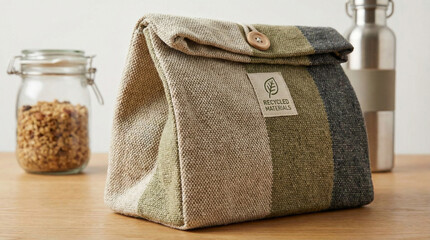 Eco-friendly lunch bag made from recycled materials, featuring a stylish design with earthy tones, perfect for sustainable living and everyday use
