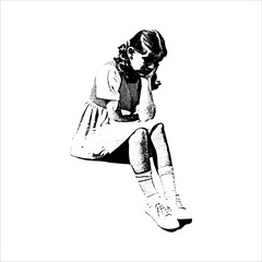 Vintage illustration of thoughtful child sitting