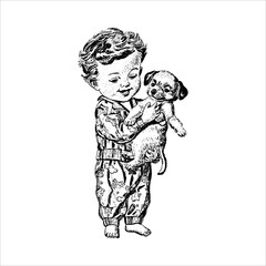 Vintage illustration of toddler holding puppy