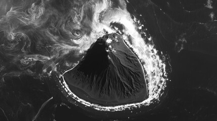 Black-and-white satellite image of a newborn island glowing with geothermal energy in glacial waters.