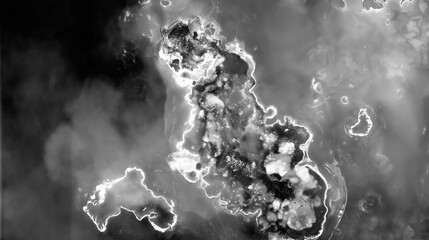 Black-and-white satellite image of a newborn island glowing with geothermal energy in glacial waters.