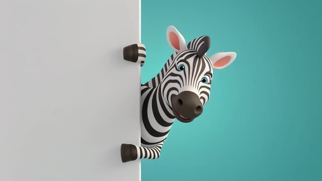 3D zebra character peeking from the right side of a blank board, striped pattern, clean minimal background, copy space.