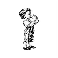 Vintage illustration of child drinking from cup