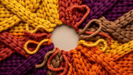 Colorful Knitted Yarn Arranged in a Circular Pattern with a Central Opening.