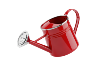 Small vibrant cherry red enamel watering can with glossy silver accents, dynamically tilted and suspended, isolated on a transparent high key background, commercial product visual
