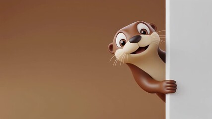 3D otter character peeking from the right side of a blank board, aquatic theme, clean minimal background, copy space.