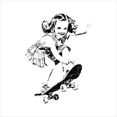 Vintage illustration of joyful girl skateboarding