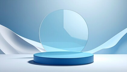Minimalist Blue Display with Circular Glass Panel and Abstract Background
