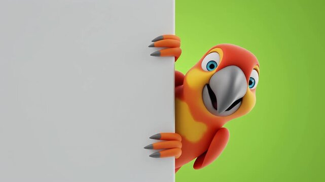 3D cockatoo parrot character appearing from the right side of a blank board, tropical bird theme, clean minimal background, copy space.