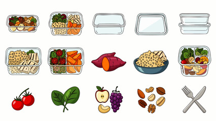 Healthy meal prep containers with various nutritious ingredients and balanced meals, perfect for dieting, fitness, and organized eating routines.