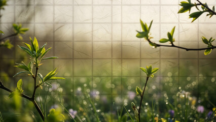Fresh green leaves and wildflowers in a soft-focus meadow with a subtle grid overlay, capturing the essence of spring and new growth.