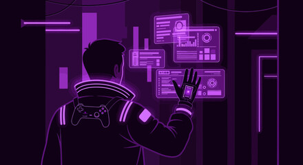Futuristic gaming enthusiast interacts with virtual data visualizations in a neon-lit environment