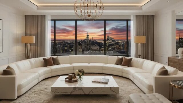 Luxury living room with curved white sofa panoramic sunset cityscape through floor to ceiling window