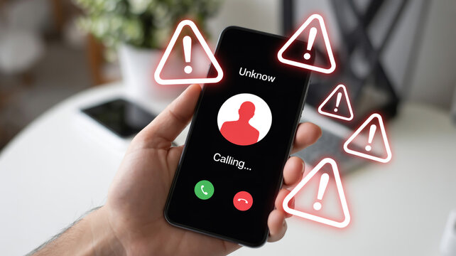 Incoming call with warning signs on a smartphone screen potential scam alert