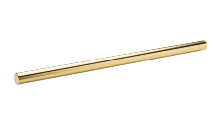 Flawless, highly polished brass rod, thin and cylindrical, centered horizontally on an isolated, transparent studio background with soft volumetric highlights. Concept of technical perfection