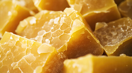 Golden Honeycomb with Natural Honey Dripping on Freshly Cut Honeycomb Pieces Close Up View Macro Photography