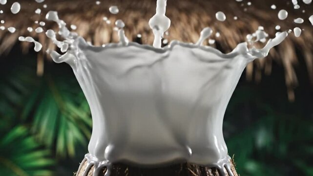 Coconut milk being poured into a coconut, creating a splash with background of green foliage and a thatched roof.