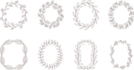 Fototapeta premium Six Different Floral Wreath Drawn in Black and White line leaves flowers