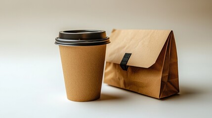 Brown paper lunch bag and coffee cup, studio shot, ready for takeout, for business or personal use