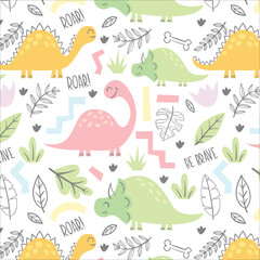 childish dinosaur seamless pattern for fashion clothes, fabric, t shirts. hand drawn vector with lettering.
