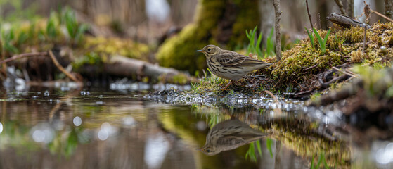 Obraz premium Small Meadow Pipit Bird Standing on the Edge of a Forest Pond with Water Reflection