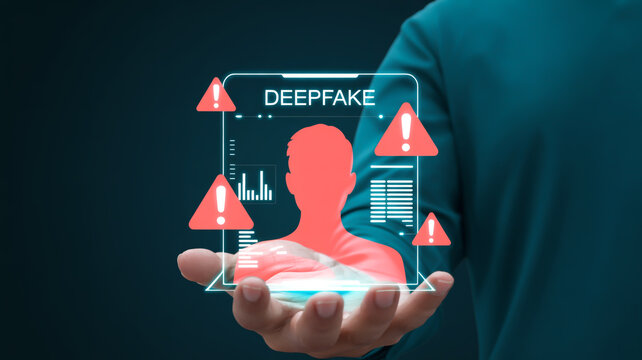 A hand holding a glowing smartphone displaying a warning about deepfakes