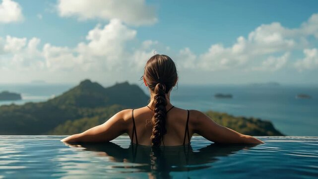 Woman braid relaxing at infinity pool overlooking ocean and island vista, joyful and relaxed