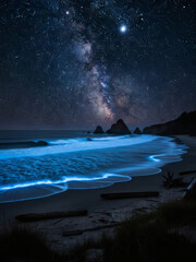 Ethereal blue glowing ocean waves meet a dark sandy shore under a luminous milky way