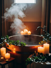 Warm and inviting wooden bath tub steaming amidst flickering candles and fresh eucalyptus for a tranquil spa retreat
