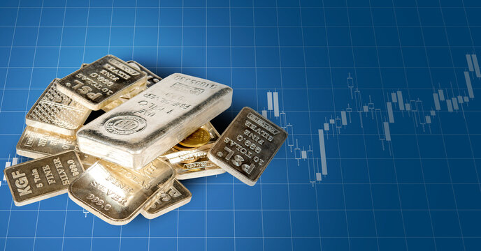 Bars of Silver with blue candles going upward trend showing repricing background - Powered by Adobe