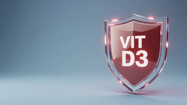 Luxury 3D shield render in rose-teal gradient lighting with bold embossed &ldquo;VIT D3&rdquo;, centered frame, soft reflections, perfect for vitamin supplement branding.