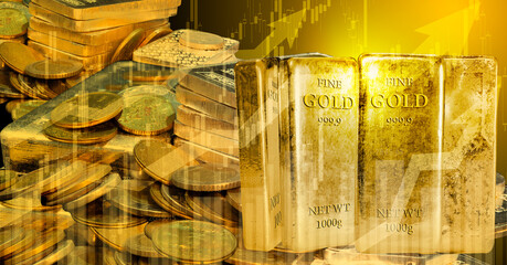 Gold Bars and Silver stock pile showing increased rates concept background
