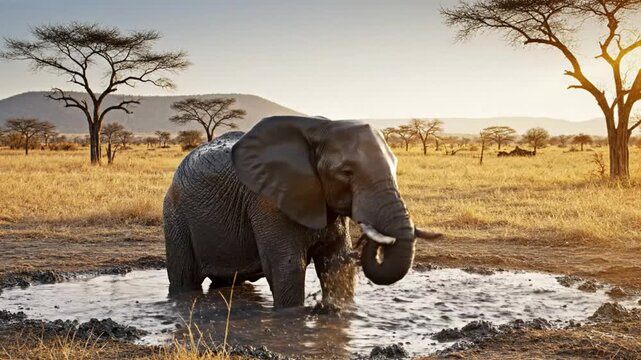African elephant enjoying a mud bath in a watering hole with splashing water on a sunny day in the savannah