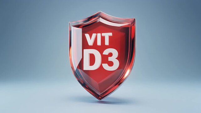 3D rendered red shield with 'VIT D3' text on a blue gradient background, close-up with reflective surface