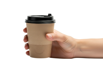 Hand holding coffee cup isolated on transparent background