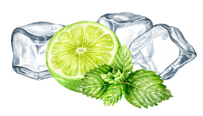 Fresh citrus Lime, mint and Ice cubes, crystal ice blocks, Hand drawn watercolor illustration isolated on white background