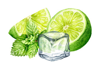 Fresh citrus Lime, mint and Ice cubes,  crystal ice blocks., Hand painted watercolor illustration isolated on white background