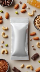 Healthy snack bar package with assorted nuts and seeds around