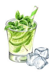 Mojito Glass, Cold fresh lemonade, cool iced summer drink. Hand painted watercolor illustration isolated on white background