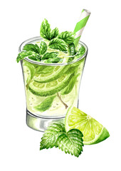 Mojito Glass, Cold fresh lemonade, cool summer drink with lime and mint. Hand painted watercolor illustration isolated on white background