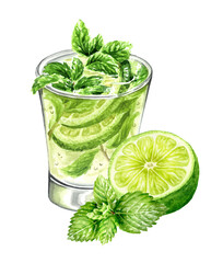 Mojito Glass, Cold fresh lemonade, cool summer drink with lime and mint. Hand painted watercolor illustration, isolated on white background