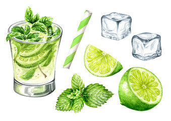 Mojito Glass, Cold fresh lemonade, cool summer drink with lime, ice and mint set. Hand painted watercolor illustration isolated on white background