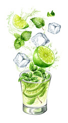Mojito Glass, Cold fresh lemonade, cool summer drink with splash. Hand painted watercolor illustration, isolated on white background