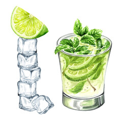 Mojito Glass, Cold fresh lemonade, cool summer drink with lime, ice and mint set. Hand painted watercolor illustration, isolated on white background