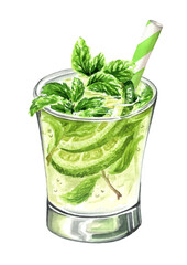 Mojito Glass, Cold fresh lemonade, cool summer drink. Hand painted watercolor illustration isolated on white background