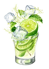Mojito Glass, Cold fresh lemonade, cool summer drink with splash. Hand painted watercolor illustration, isolated on white background